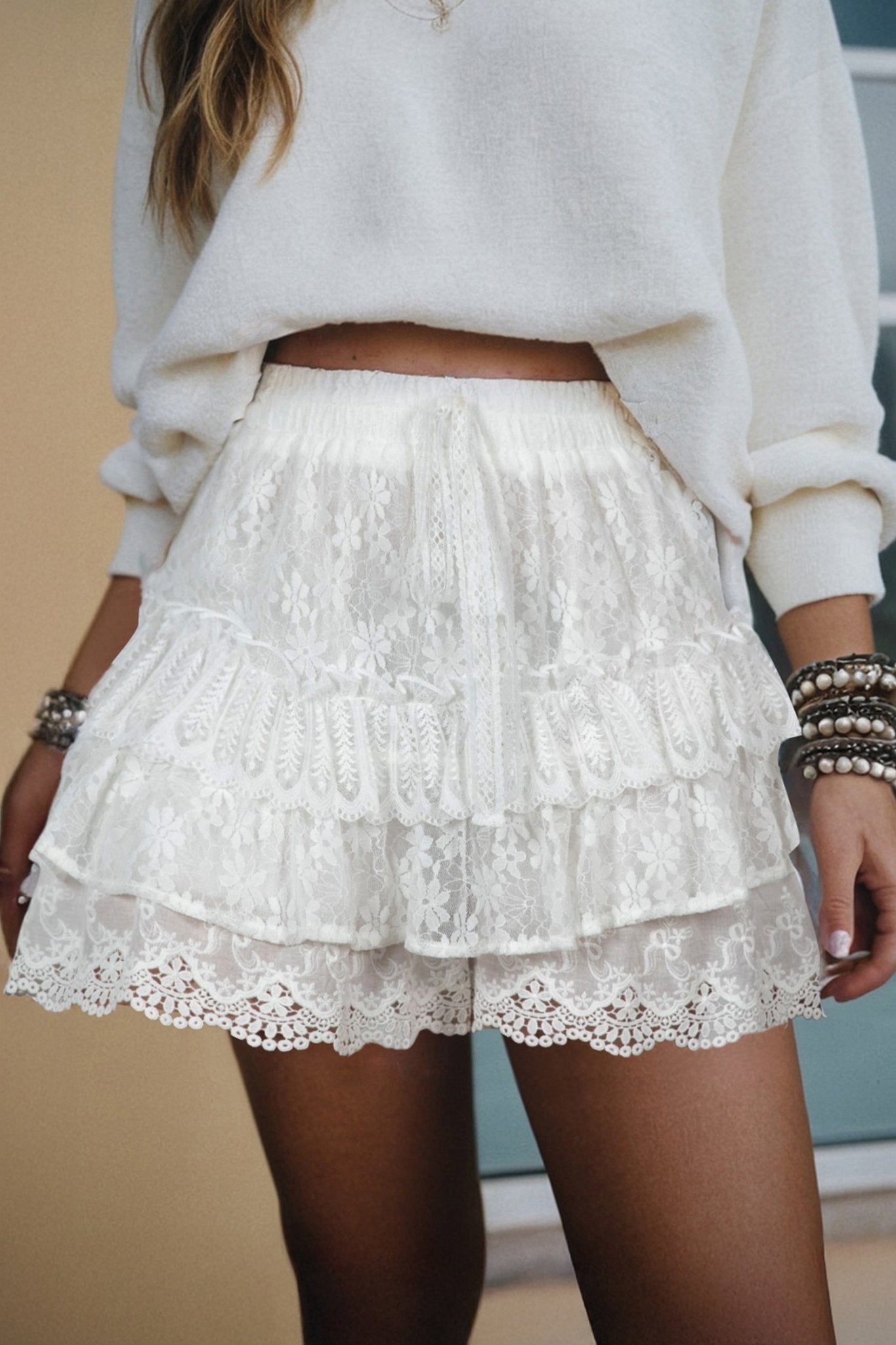 White Lace Ruffle Tiered Drawstring Elastic Waist Sweet Shorts - Loving It Shop