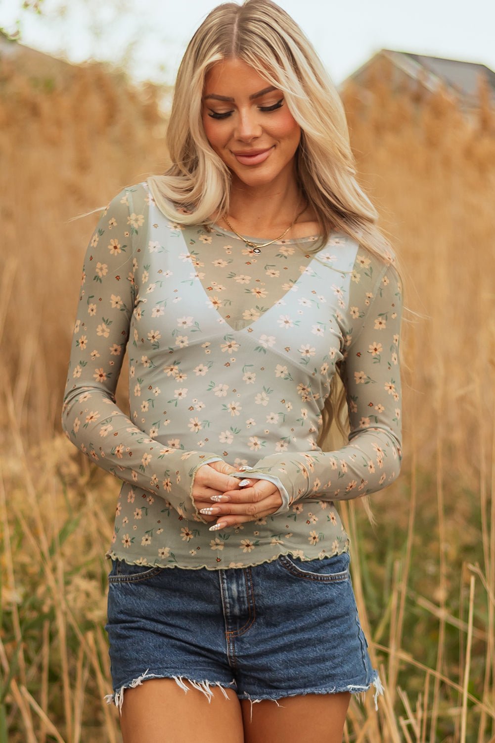 Laurel Green Vintage Floral Print Southern Style Mesh Long Sleeve Top - Loving It Shop