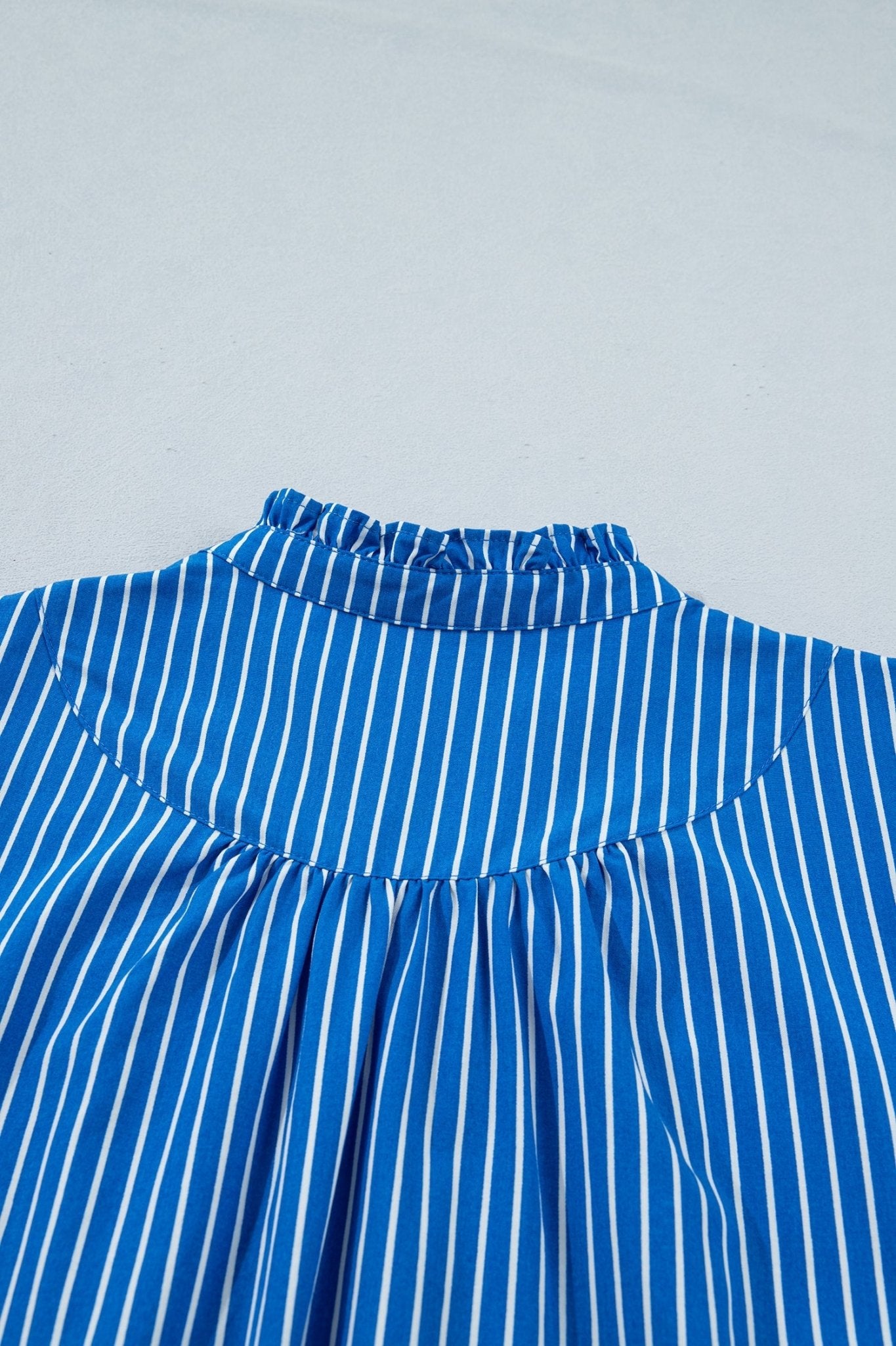 Blue Stripe Ruffled Short Puff Sleeve Button Front Blouse - Loving It Shop