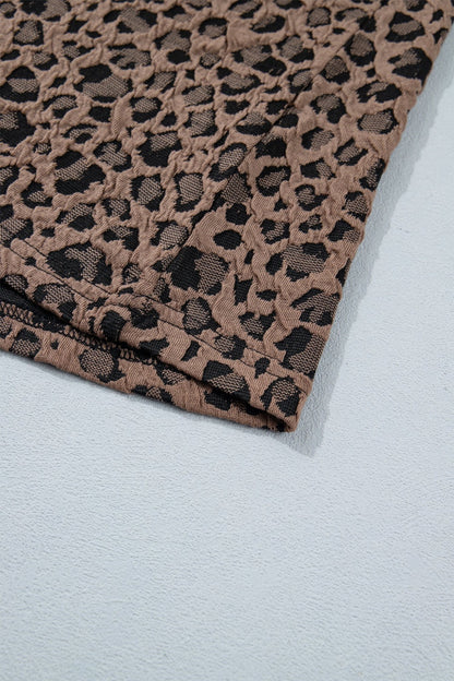 Brown Leopard Jacquard Striped Patchwork Half Zip Short Sleeve Blouse - Loving It Shop