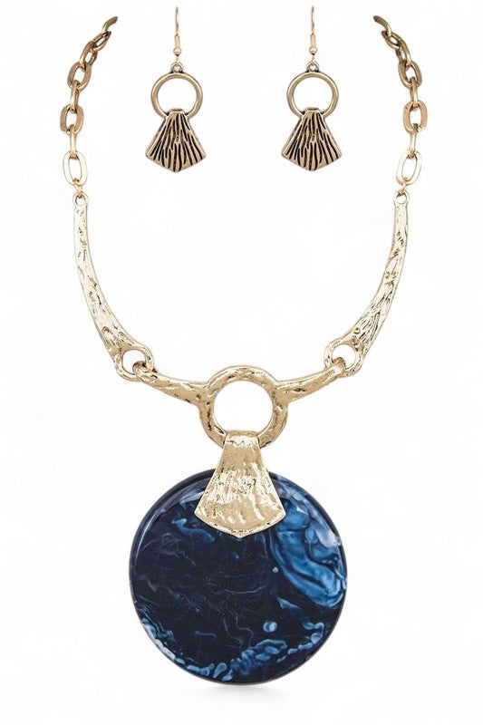 Statement Oversize Faux Stone Resin Pendant Necklace Set – Trendy Chic Jewelry Accessory