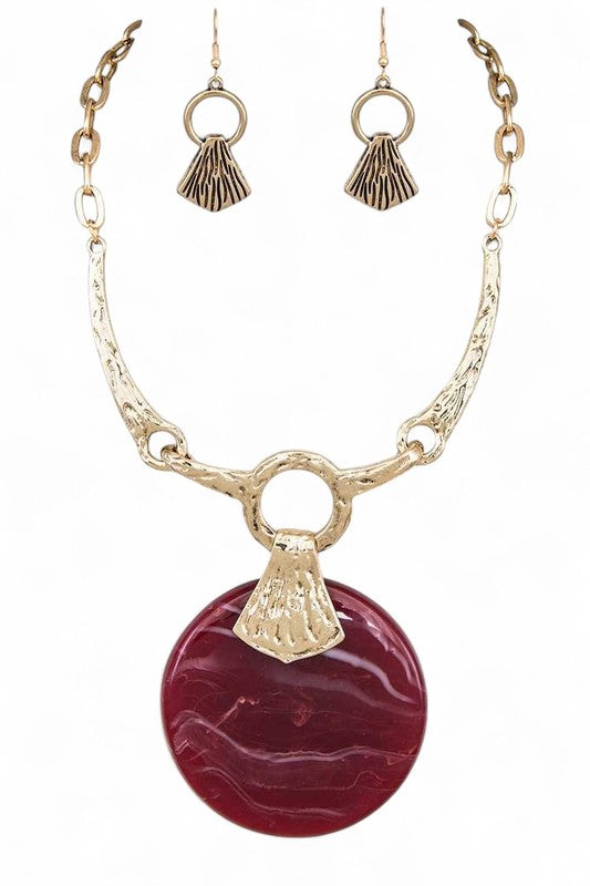 Statement Oversize Faux Stone Resin Pendant Necklace Set – Trendy Chic Jewelry Accessory
