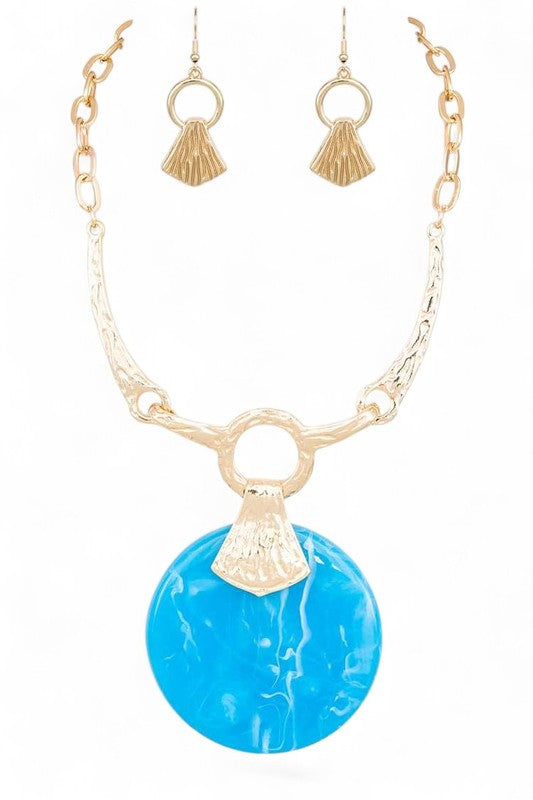 Statement Oversize Faux Stone Resin Pendant Necklace Set – Trendy Chic Jewelry Accessory