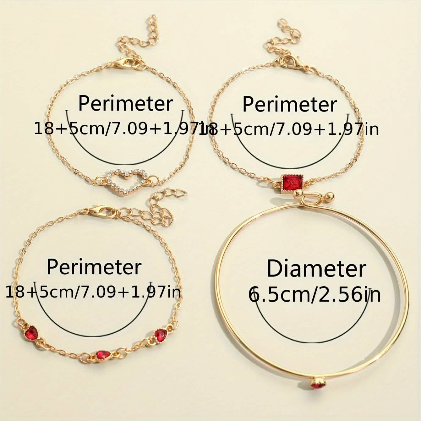 4pcs Rhinestone Alloy Bracelet Set – Minimalist Heart &amp; Square Design