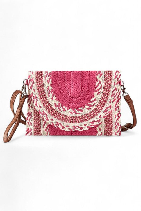 Straw Crossbody Swing Clutch with Mix Pattern – Trendy Summer Fashion Handbag