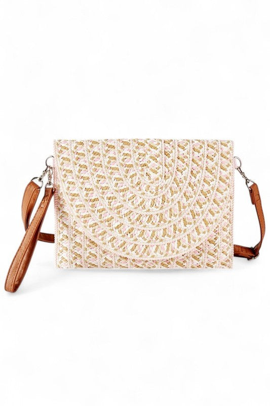 Fashion Handbag Mix Tone Faux Straw Convertible Crossbody Clutch Stylish Chic Accessory