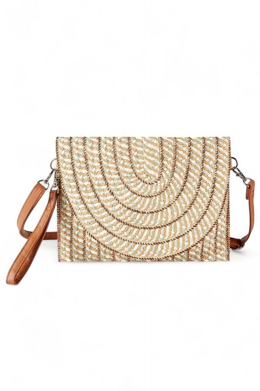 Fashion Handbag Mix Tone Faux Straw Convertible Crossbody Clutch Stylish Chic Accessory