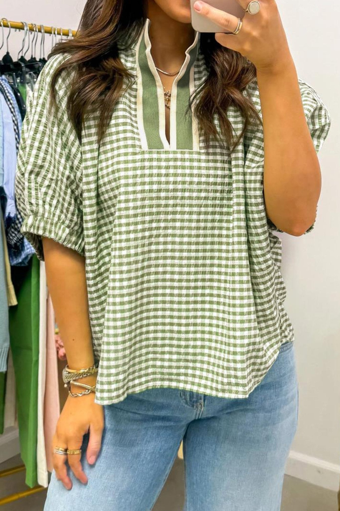 Green Plaid Short Sleeve Colorblock Trim Split Neck Blouse - Loving It Shop