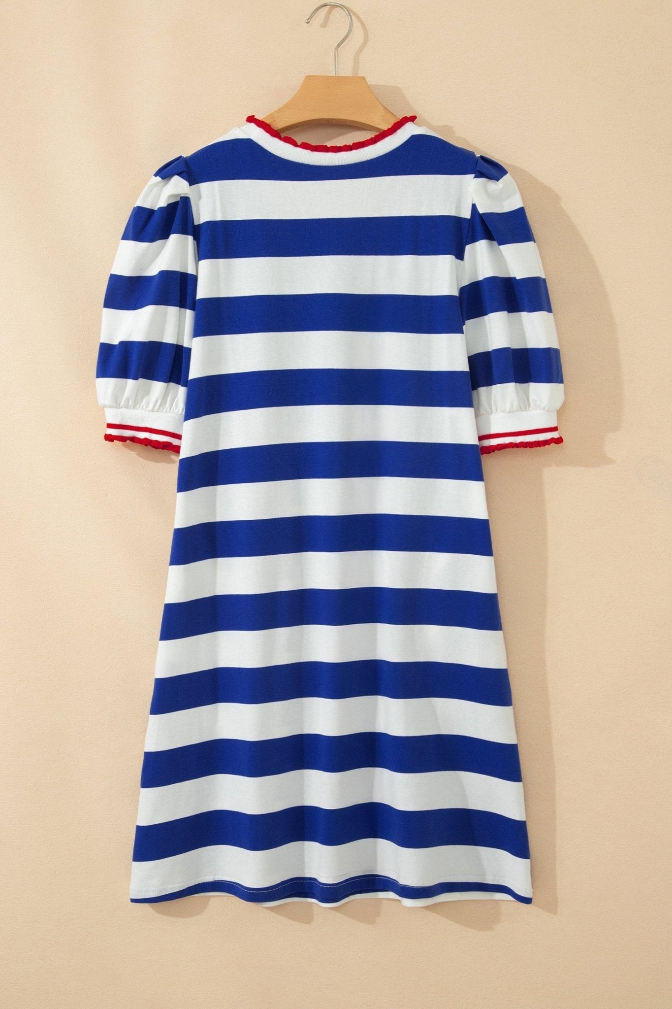 Blue Stripe Contrast Trim Round Neck Short Puff Sleeve Shift Mini Dress - Loving It Shop
