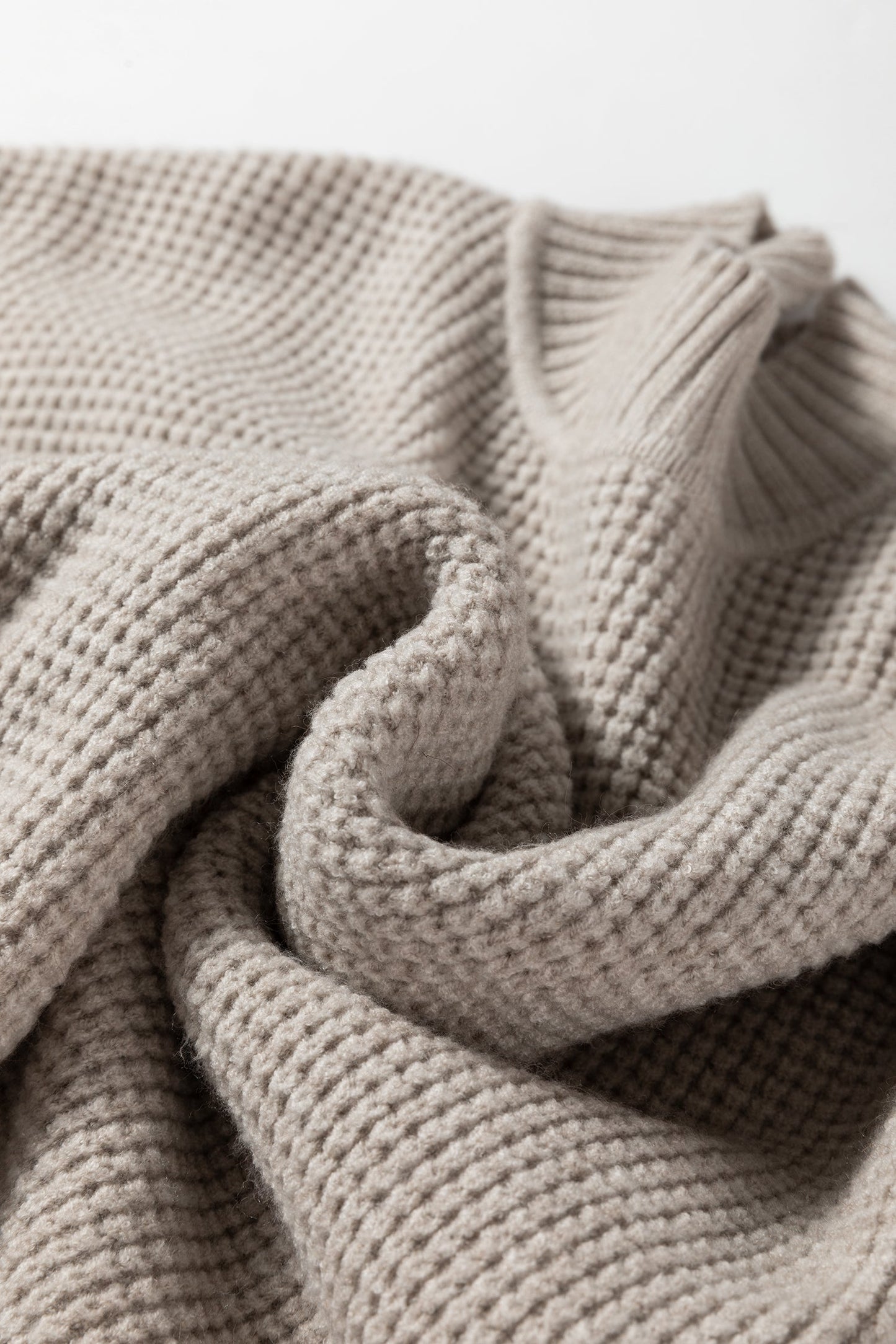 Gray Morn Waffle Texture Knit Ribbed High Neck Drop Shoulder Sweater