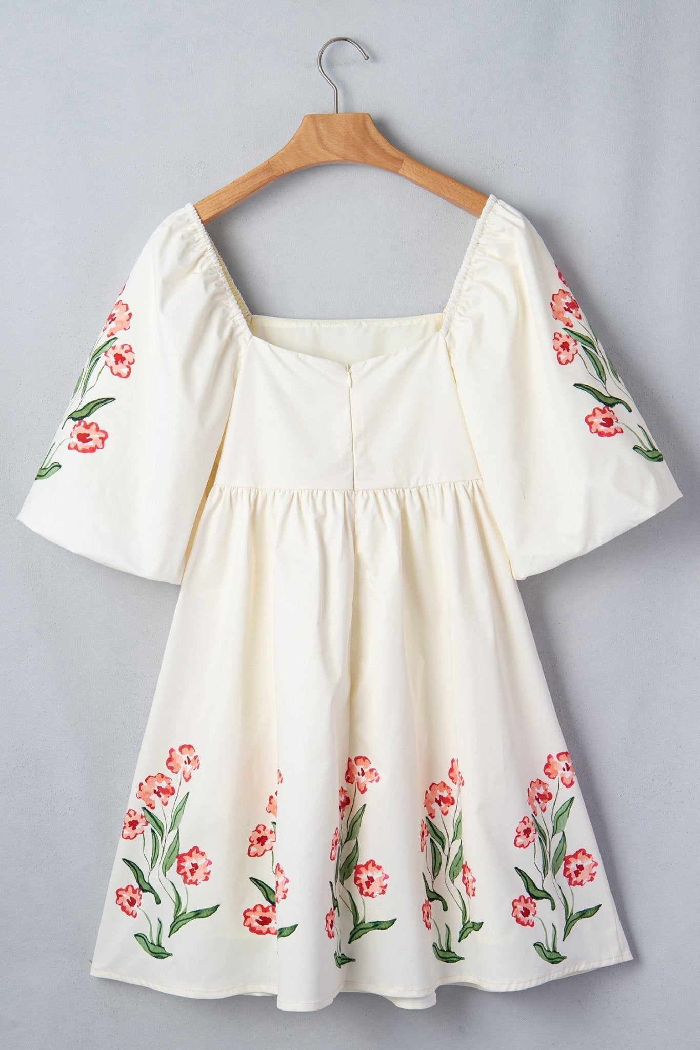 Beige Floral Print Puff Sleeve Babydoll Dress - Loving It Shop