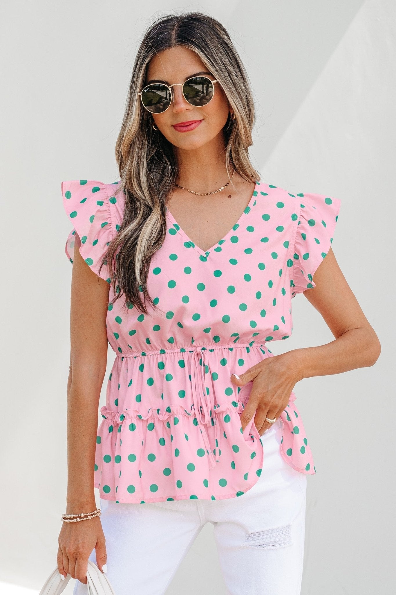 Pink V Neck Polka Dot Print Drawstring Tiered Babydoll Blouse - Loving It Shop