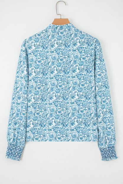 Sky Blue All Over Floral Puff Sleeve Shirt