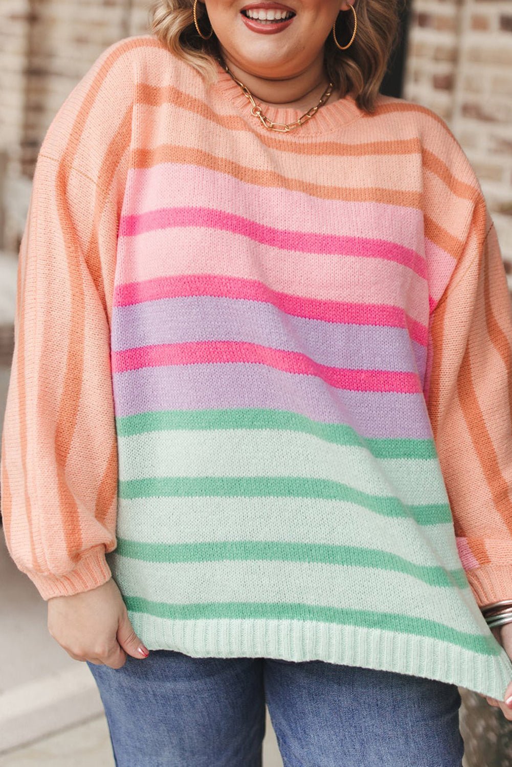 Pink Stripe Color Block Balloon Sleeve Crewneck Plus Size Sweater - Loving It Shop
