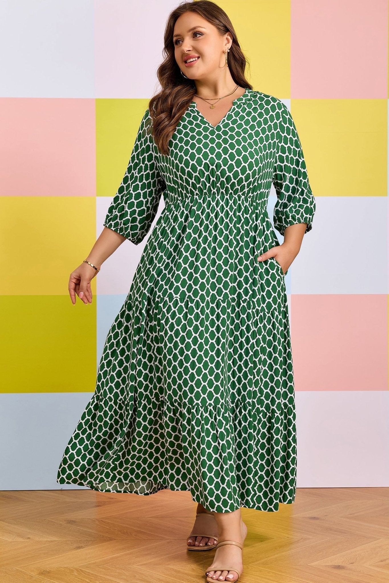 Green Plus Size Geometric Print Pocketed Ruffle Hem Casual Dress - Loving It Shop