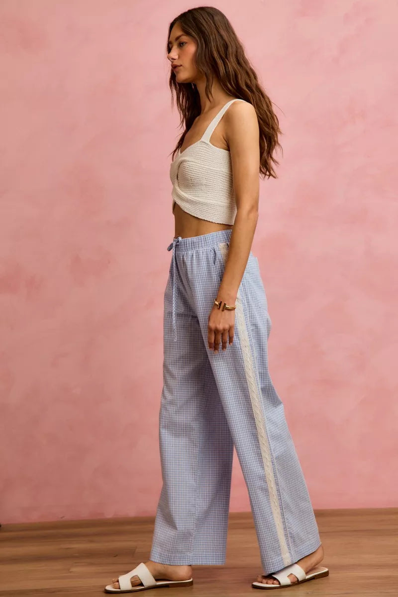Wide Check Pants With Side Lace Trim And Piping