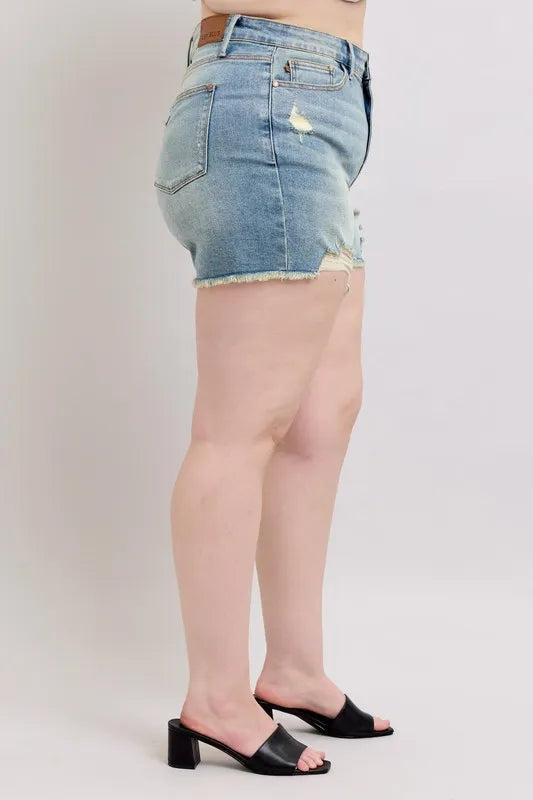 Plus Size High Rise Washed Fly Stitch Detail and Destroy Denim Shorts