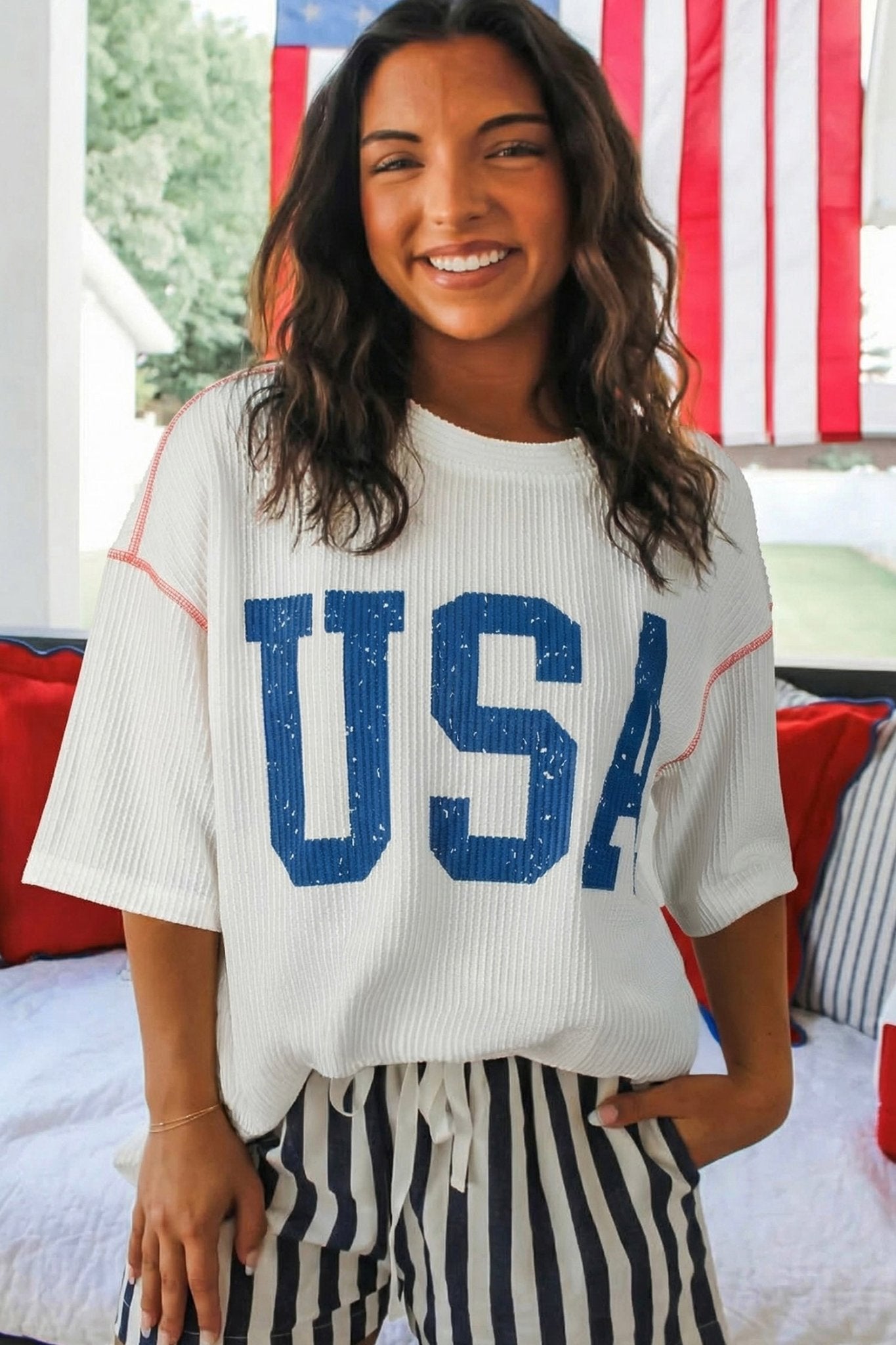White USA Graphic Half Sleeve Loose Ribbed Top - Loving It Shop