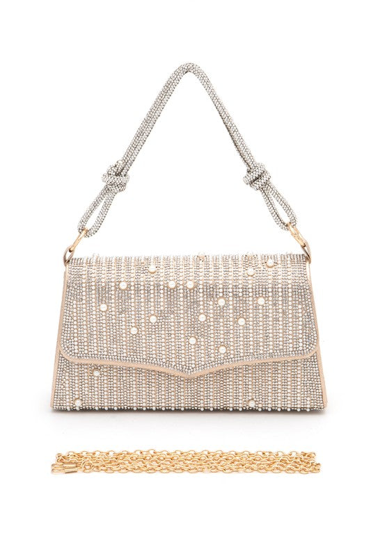 Rhinestone Pearl Top Handle Statement Clutch Bag