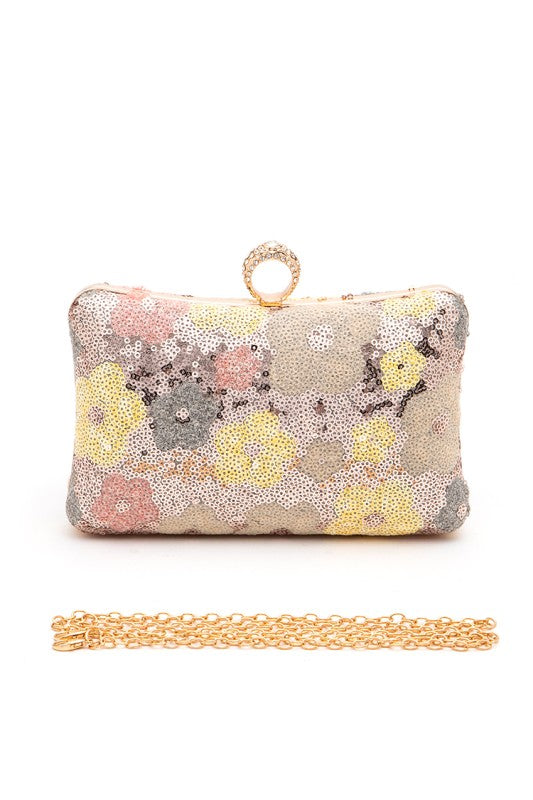 Statement Box Clutch Bag with Sequins Flower Detail, Stylish Fashion Handbag