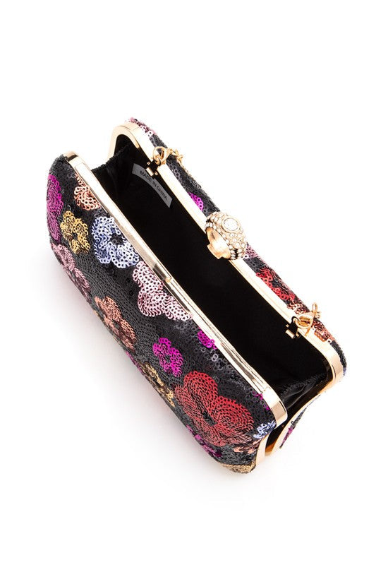 Statement Box Clutch Bag with Sequins Flower Detail, Stylish Fashion Handbag