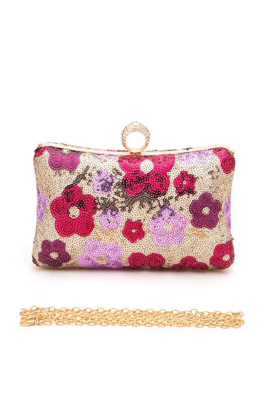Statement Box Clutch Bag with Sequins Flower Detail, Stylish Fashion Handbag
