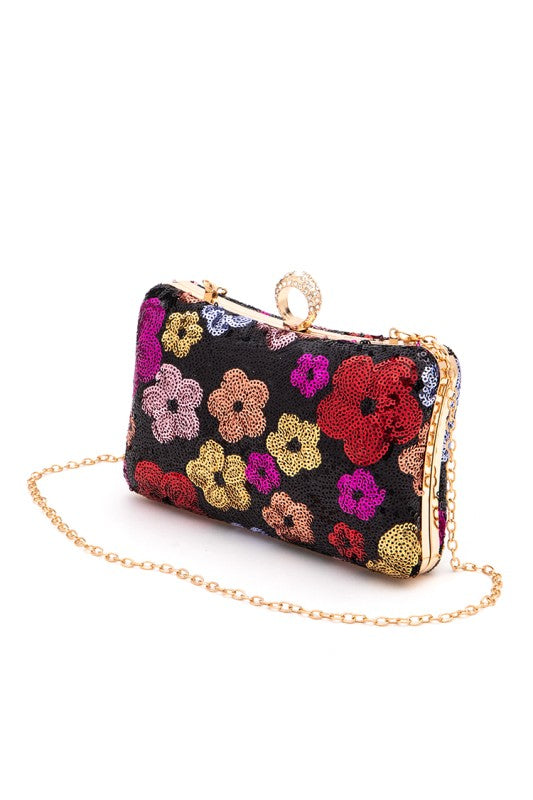 Statement Box Clutch Bag with Sequins Flower Detail, Stylish Fashion Handbag