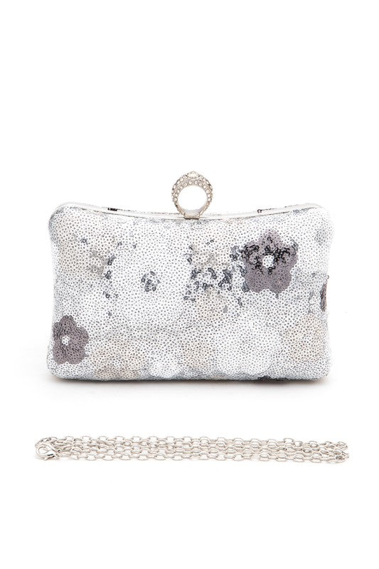 Statement Box Clutch Bag with Sequins Flower Detail, Stylish Fashion Handbag