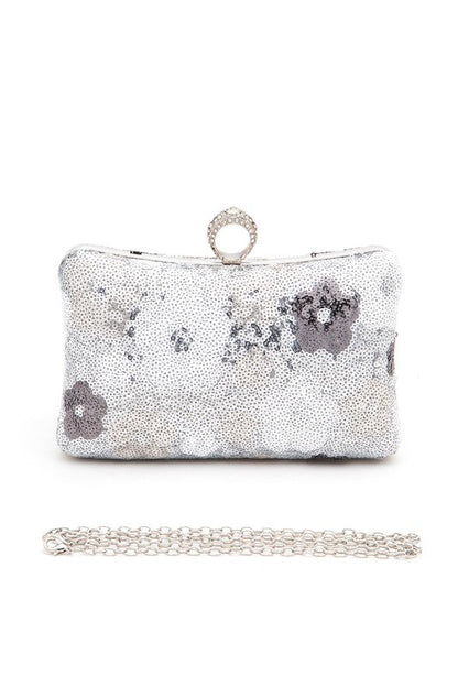 Statement Box Clutch Bag with Sequins Flower Detail, Stylish Fashion Handbag