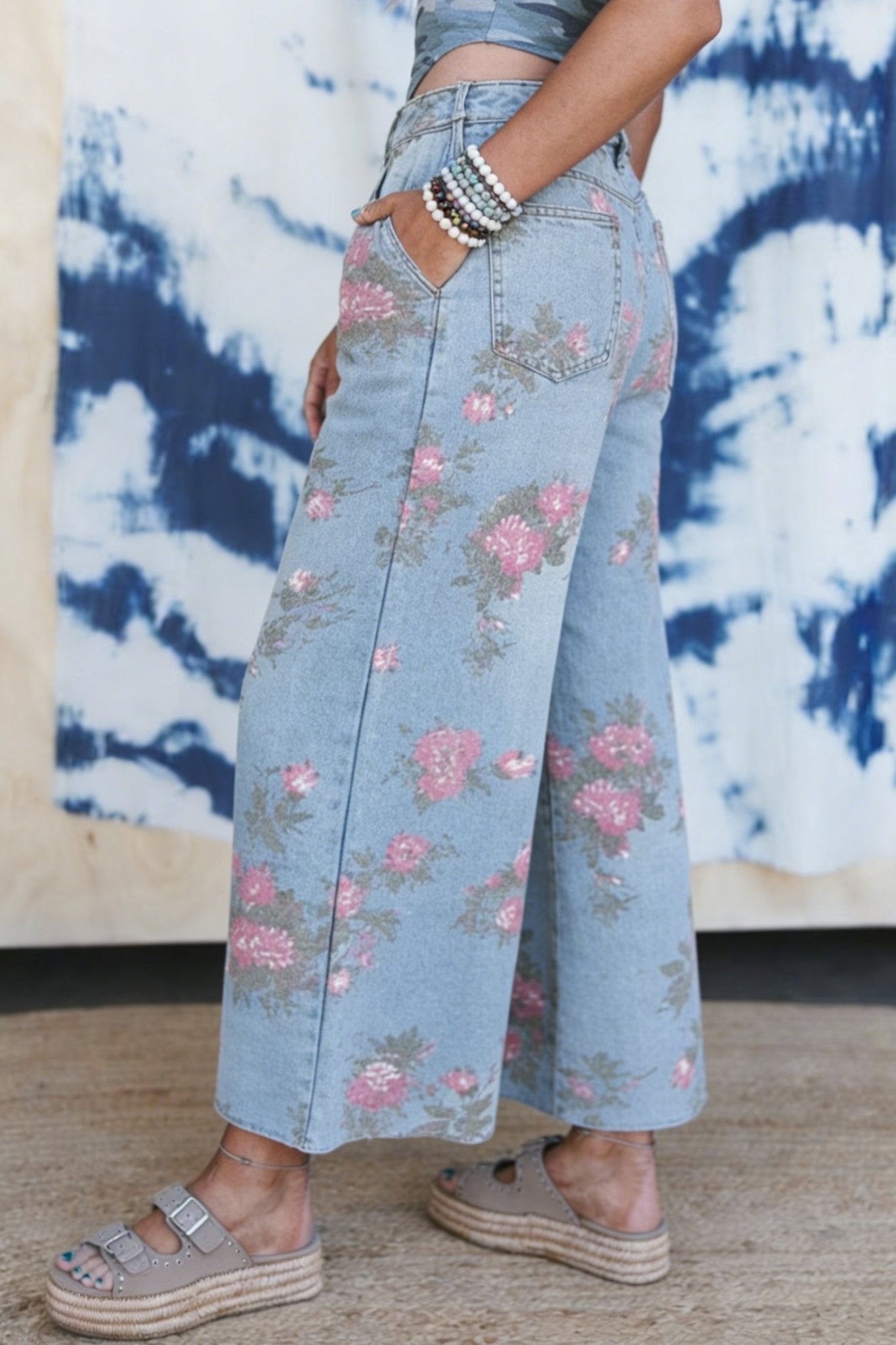 Sky Blue Garden Floral Print Bootcut Jeans - Loving It Shop