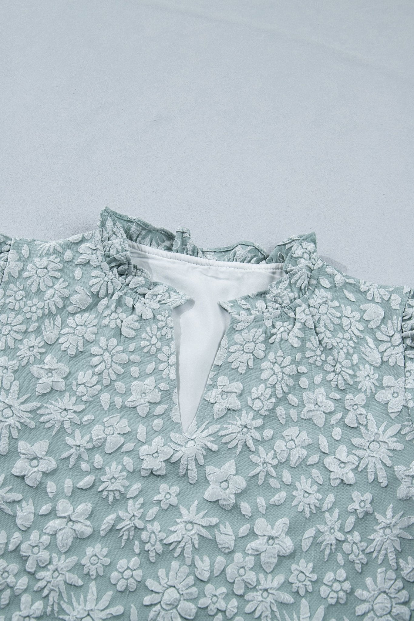 Iceland Blue Floral Textured Jacquard Puff Sleeve Blouse - Loving It Shop