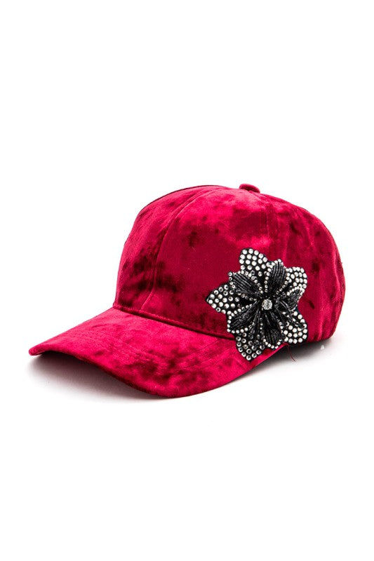 Rhinestone Flower Velour Cap