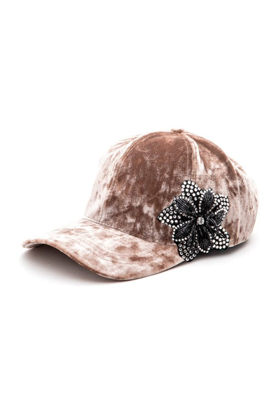 Rhinestone Flower Velour Cap