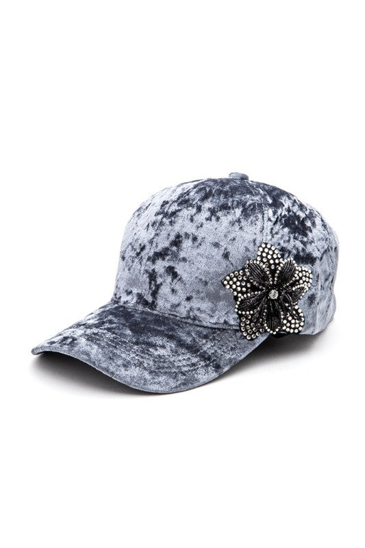 Rhinestone Flower Velour Cap