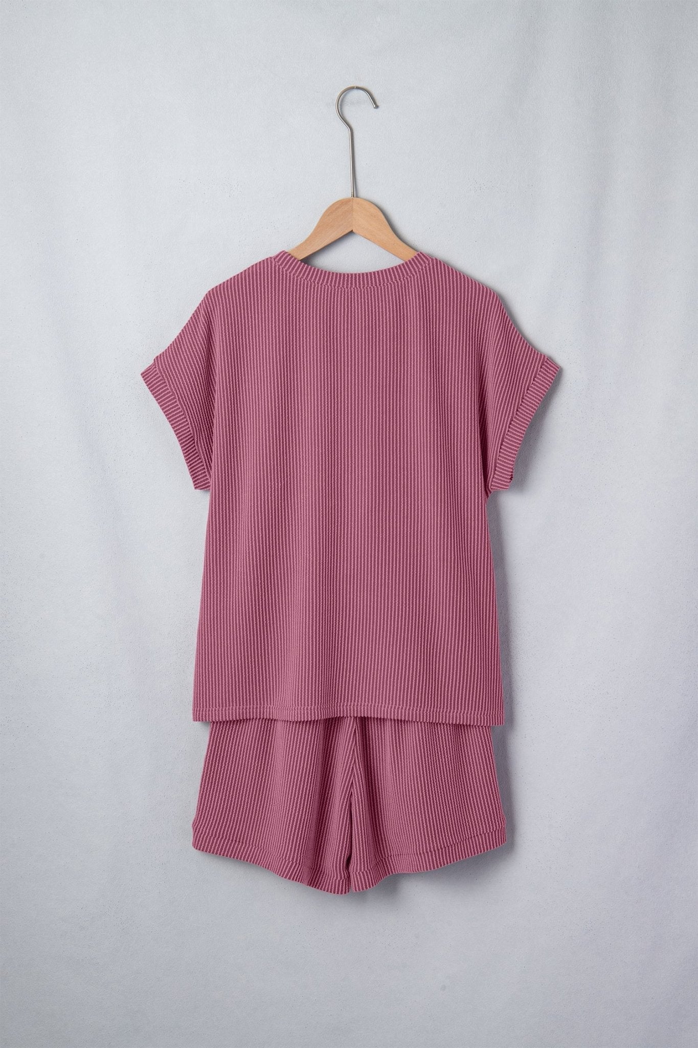 Pitaya Pink Twisted Ribbed Loose Tee Drawstring Elastic Waist 2pcs Short Set - Loving It Shop