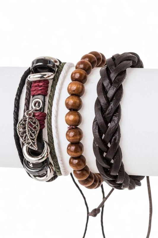 Leather Bracelet Set with Leaf Charm and Wooden Beads – Trendy Layered Casual Jewelry