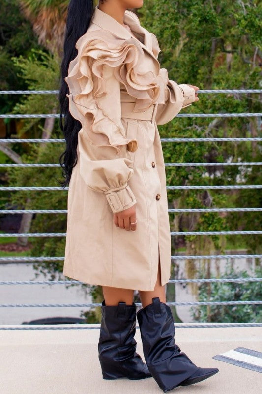 Ruffle Detail Belted Trench Coat