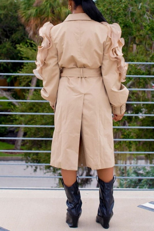 Ruffle Detail Belted Trench Coat