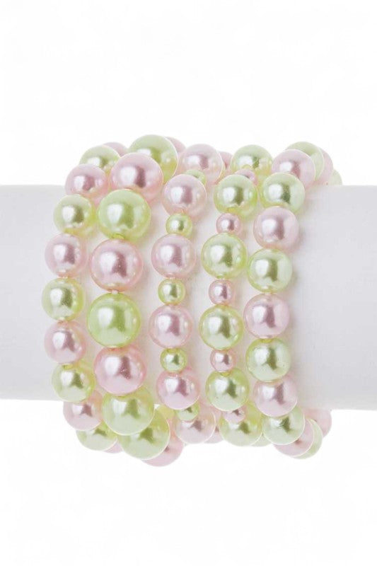 Pearl Stretch Bracelet Set 5 Strands 10MM Layered Chic Jewelry