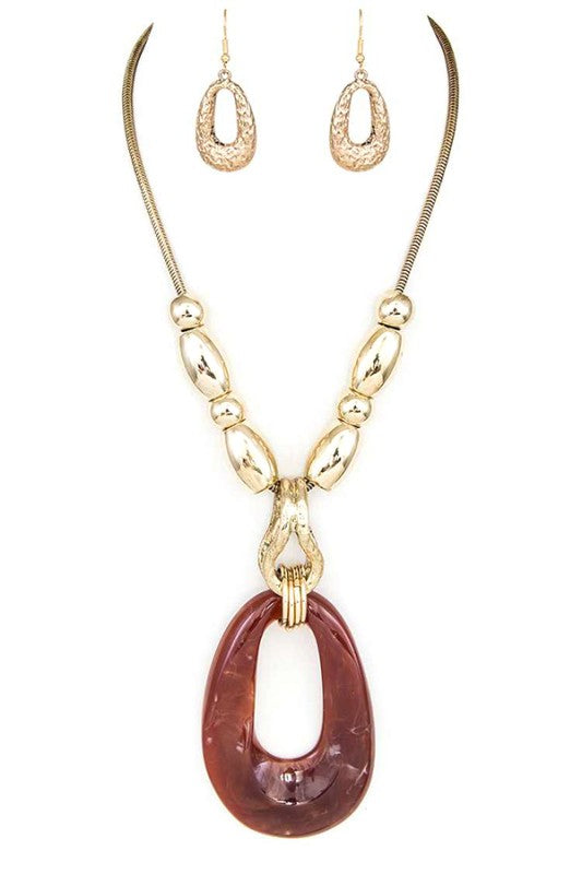 Statement Oversize Teardrop Resin Pendant Necklace Set Stylish Chic Jewelry