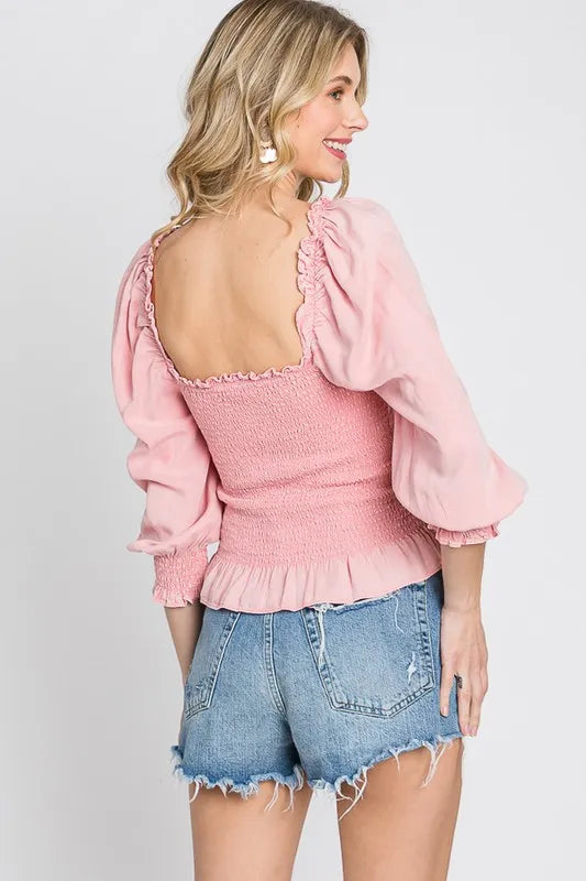 Full Size Ruffled Smocked Frill Square Neck Top Plus Size