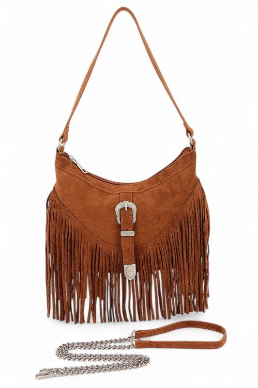 Fashion Handbag Western Buckle Faux Suede Fringe Stylish Bag