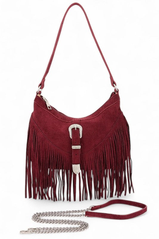 Fashion Handbag Western Buckle Faux Suede Fringe Stylish Bag