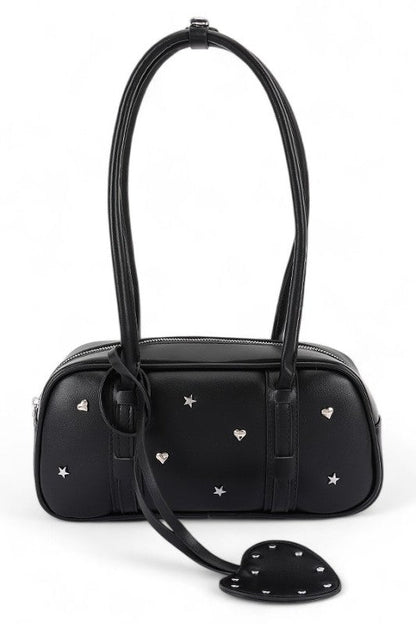 Boxy Top Handle Bag with Star and Heart Studs – Trendy Fashion Handbag