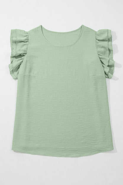 Clearly Aqua Plus Size Crew Neck Ruffle Sleeve Top