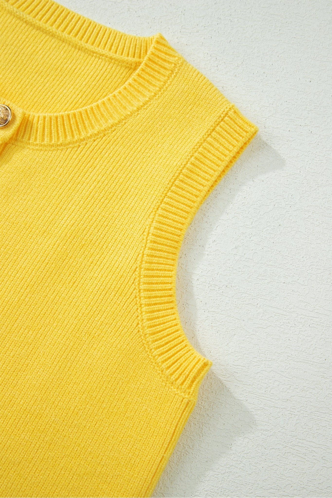 Yellow Cream Solid Color Sleeveless Knit Button Pocketed Sweater - Loving It Shop