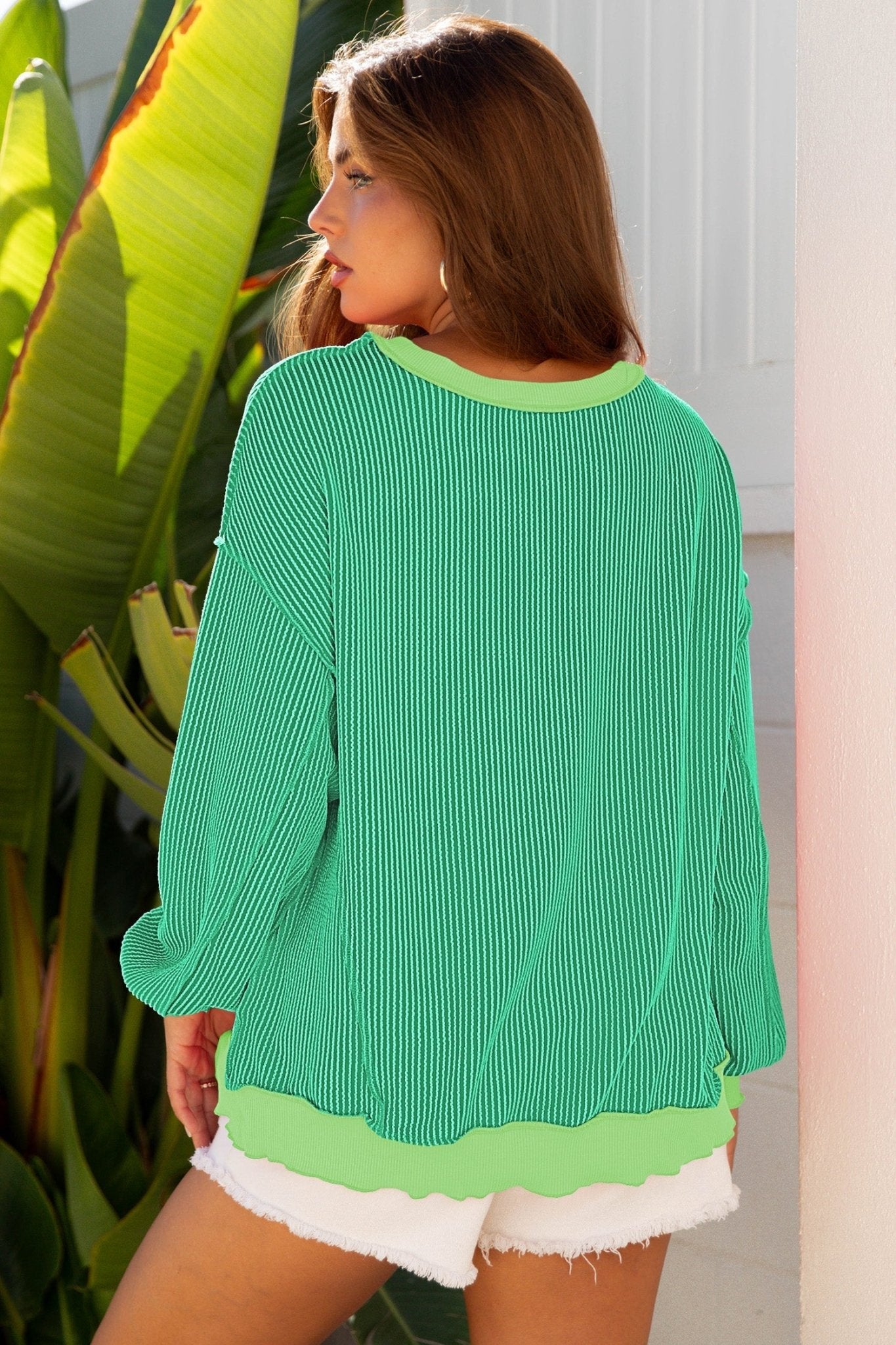 Bright Green Twisted Rib Uneven Hem Drop Shoulder Loose Knit Top - Loving It Shop