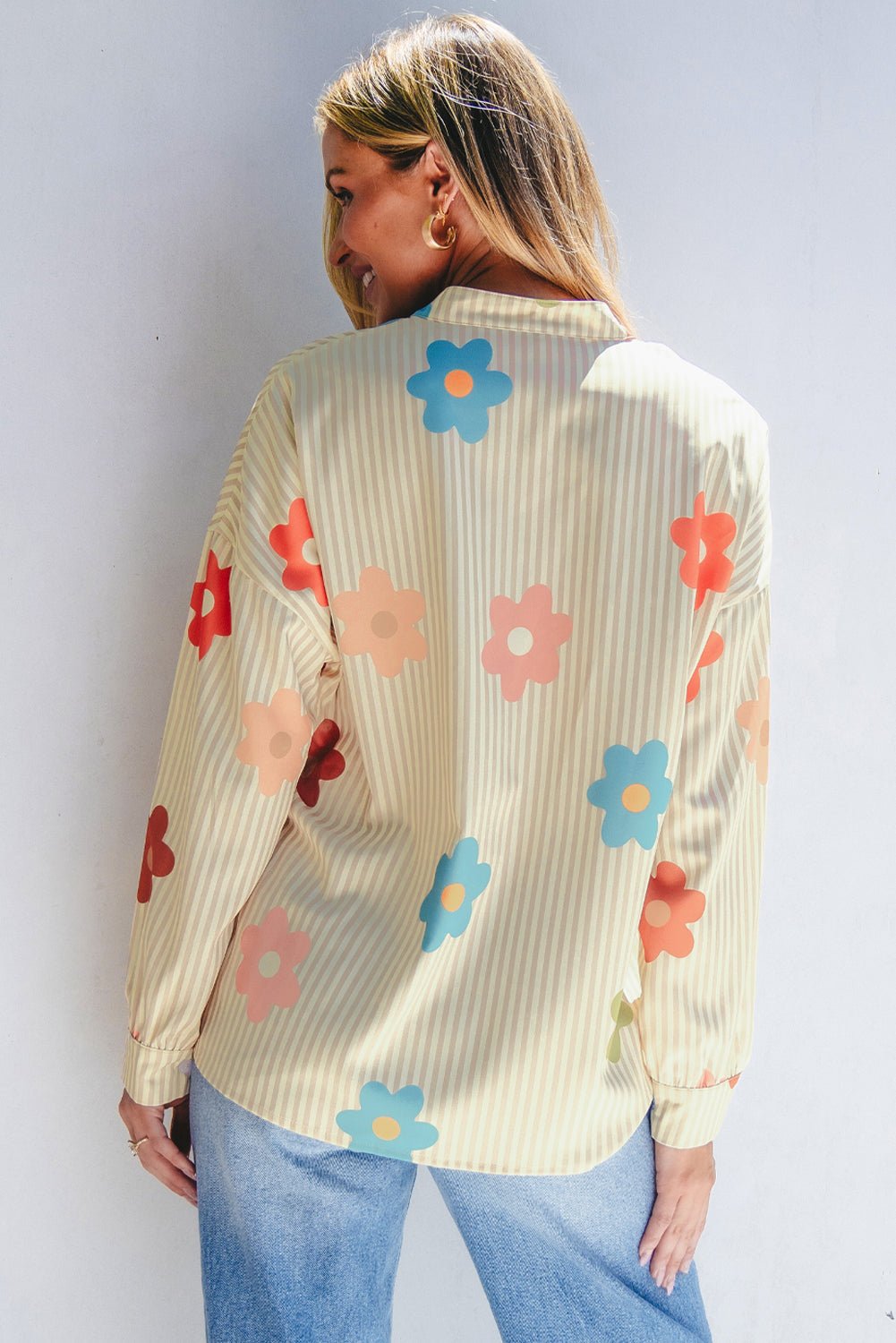 Apricot Stripe Flower Print Collared Button - up Loose Fit Shirt - Loving It Shop