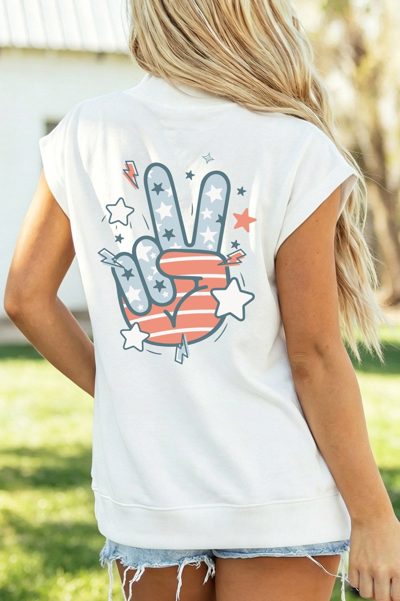 White USA/ Patriotic Victory Double Side Printed Mock Neck Tee - Loving It Shop
