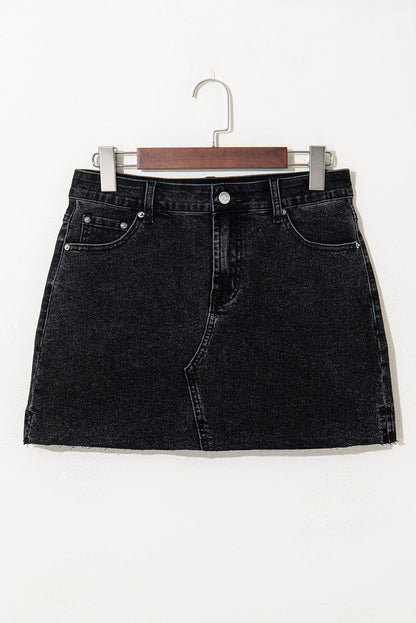 Carbon Grey Mineral Wash Ripped Raw Hem Denim Mini Skirt